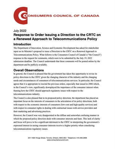 Response to Order Issuing a Direction to the CRTC on a Renewed Approach to Telecommunications Policy